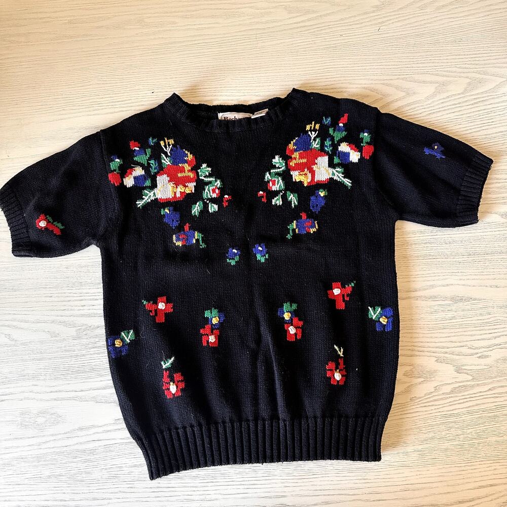 Bechamel Vintage Floral Sweater Knitted Black Grandmacore Size Medium